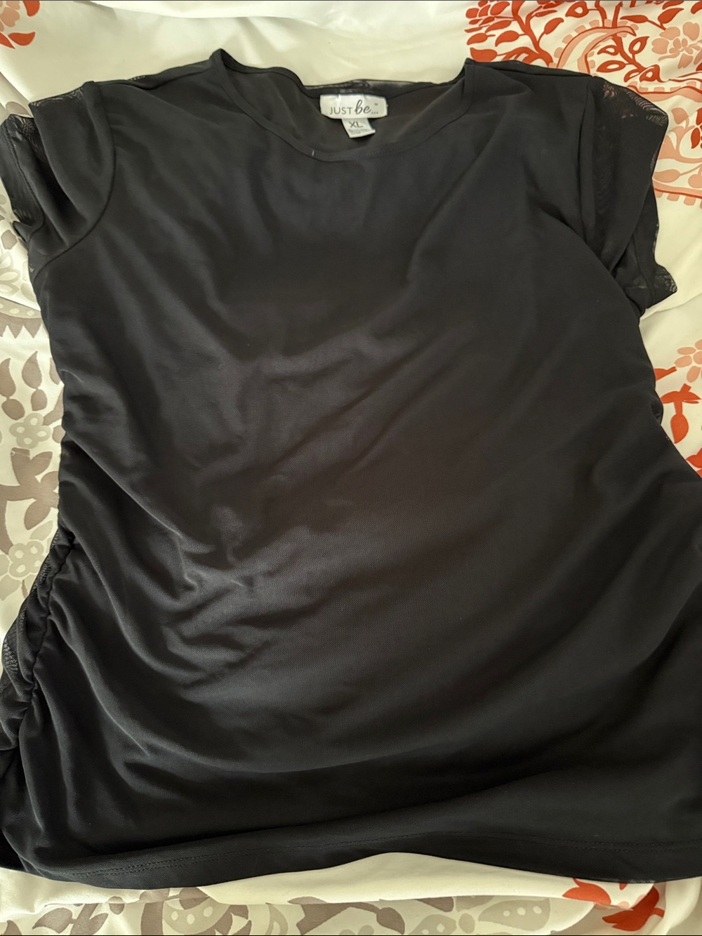 just be black short sleeve crewneck top with side ruching